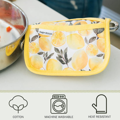 Heat Resistant Designer Pot Holders with Hand Pockets and Hanging Loops | Set of 2 100% Cotton Dual Function Kitchen Pot Holders | 7'' x 9'' | Yellow Lemons
