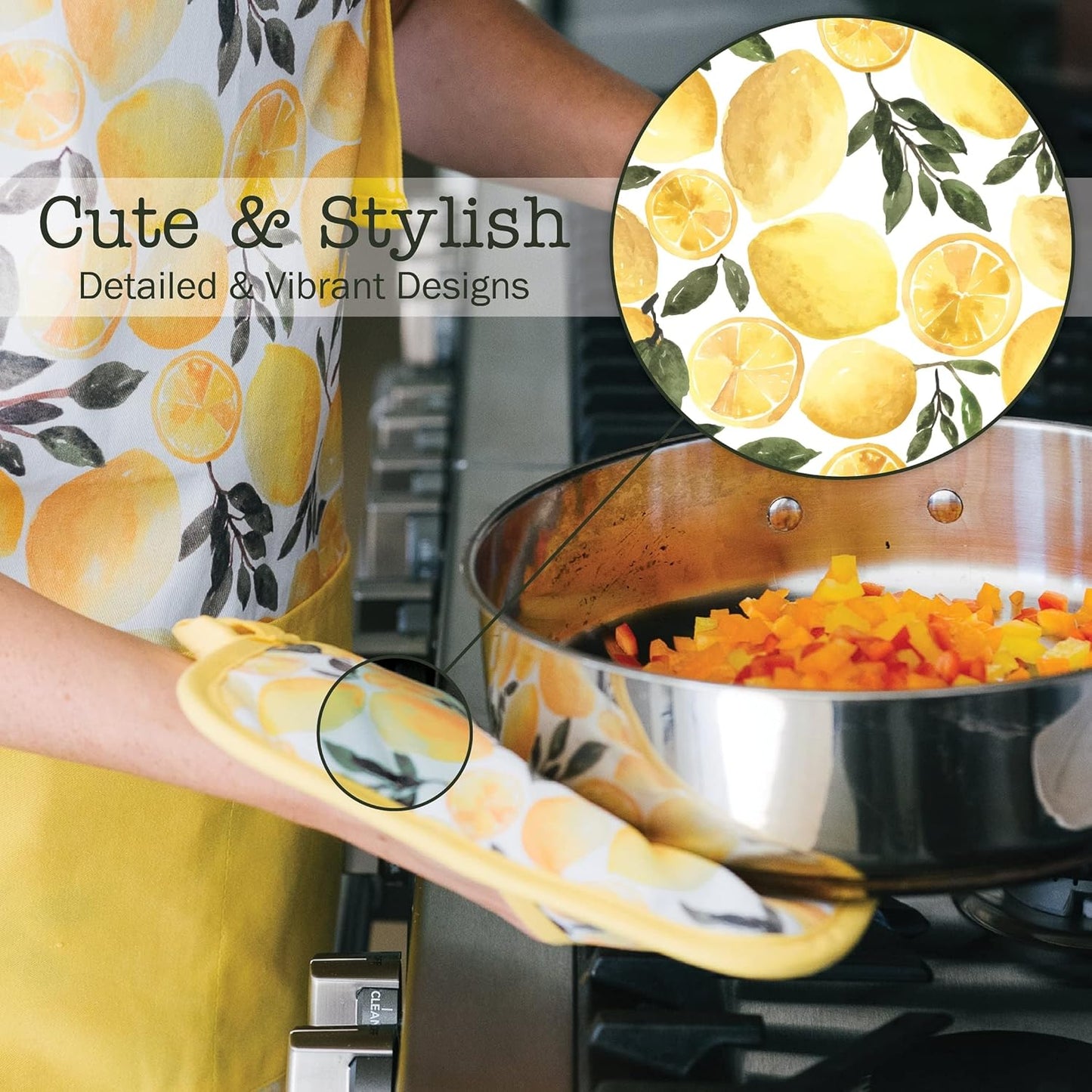 Heat Resistant Designer Pot Holders with Hand Pockets and Hanging Loops | Set of 2 100% Cotton Dual Function Kitchen Pot Holders | 7'' x 9'' | Yellow Lemons