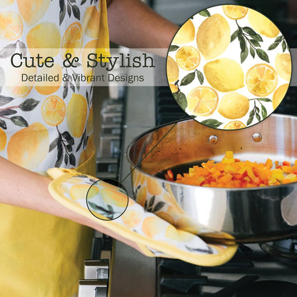 Heat Resistant Designer Pot Holders with Hand Pockets and Hanging Loops | Set of 2 100% Cotton Dual Function Kitchen Pot Holders | 7'' x 9'' | Yellow Lemons