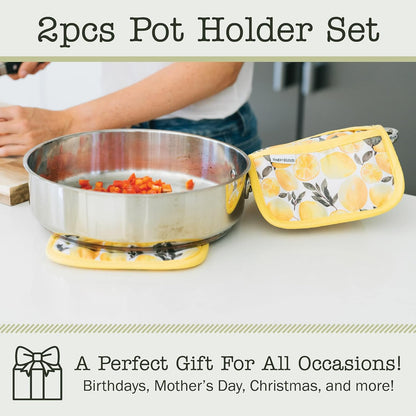 Heat Resistant Designer Pot Holders with Hand Pockets and Hanging Loops | Set of 2 100% Cotton Dual Function Kitchen Pot Holders | 7'' x 9'' | Yellow Lemons