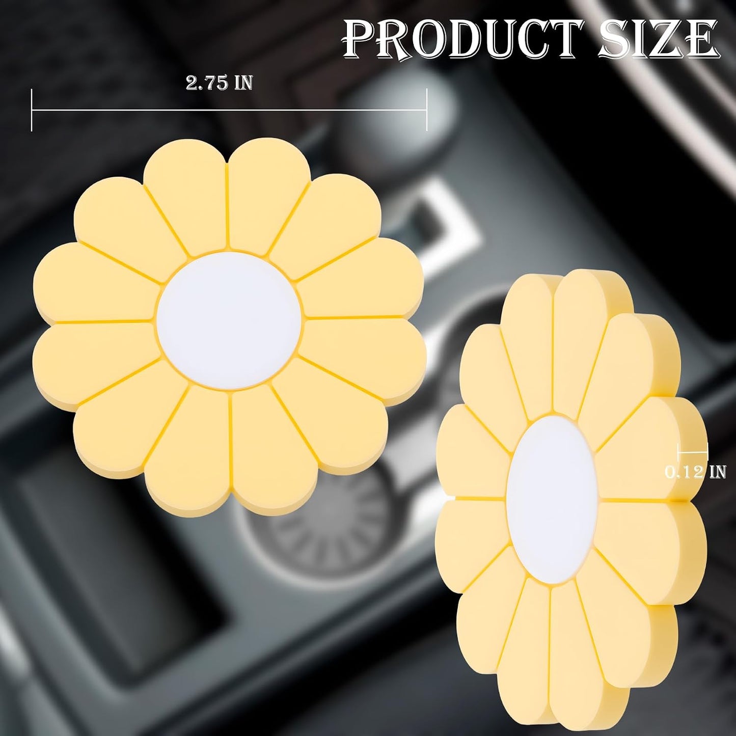 2-Pack Car Cup Holder Coaster Inserts, Daisy Shape, 2.75 Inch Non-Slip Silicone Cup Holder Insert, Universal Non-Slip Cup Holders, Car Accessories Interior for Women and Man (Yellow)