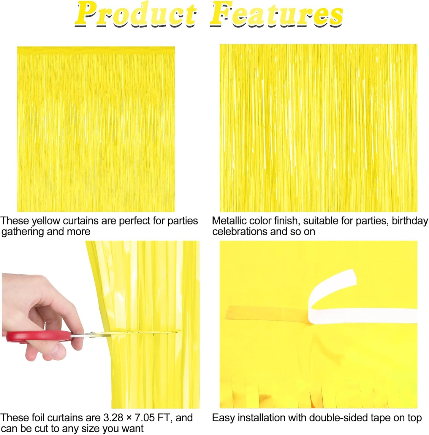 2 Pack Yellow Foil Curtain Streamer Decorations | Yellow, Metallic Foil, 3.28 x 7.05 FT, Tinsel Backdrop, Foil Curtain Streamer, Party Decor, Photo Booth Door Wall Decor
