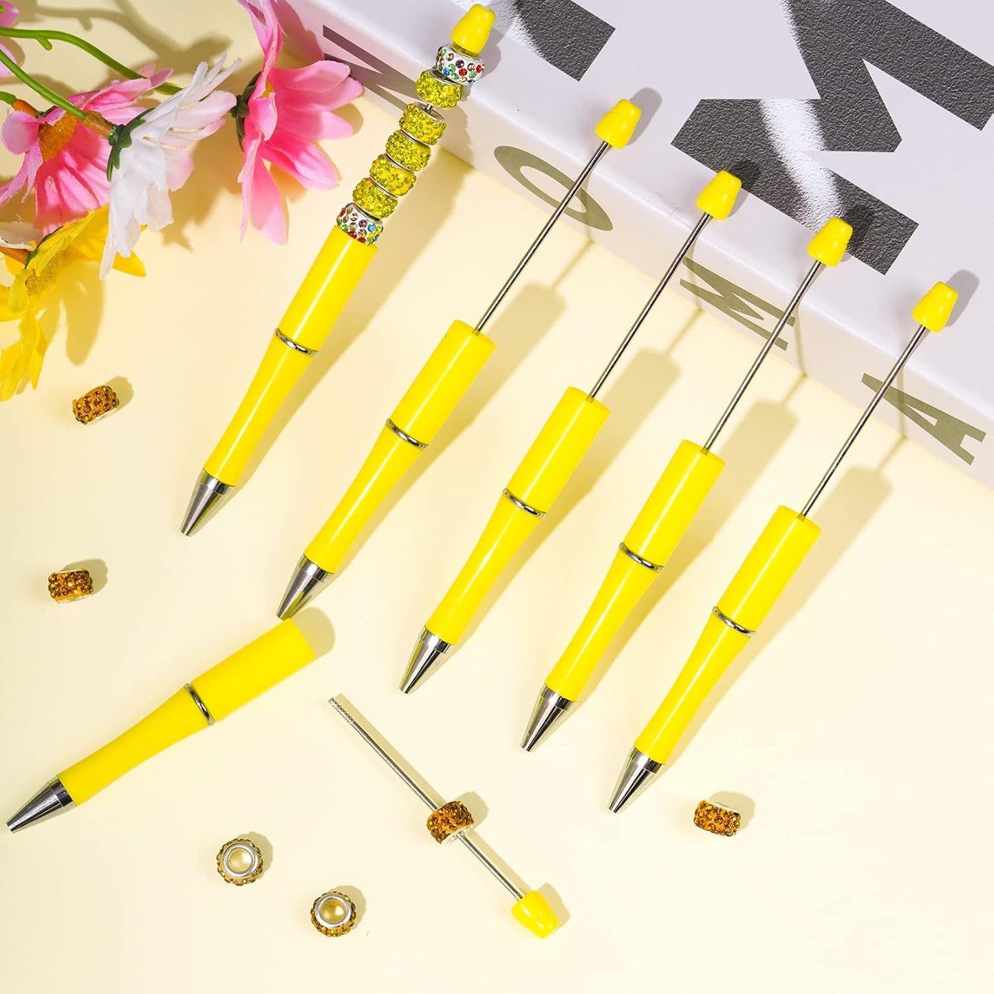 30Pcs Yellow Beadable Pens Beaded Ballpoint Pens Bulk for DIY Writing | Beadable Items, Cool Pens, Black Ink, for Women, Journaling, College, Office Supplies, Plastic, Graduation, Gift