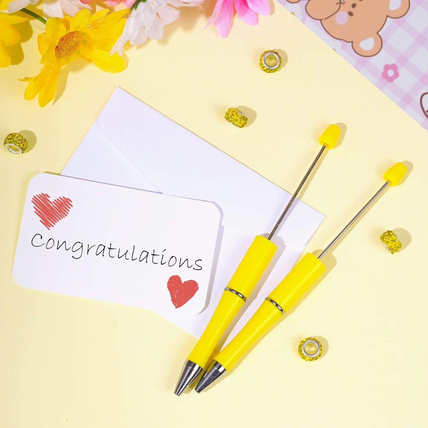 30Pcs Yellow Beadable Pens Beaded Ballpoint Pens Bulk for DIY Writing | Beadable Items, Cool Pens, Black Ink, for Women, Journaling, College, Office Supplies, Plastic, Graduation, Gift