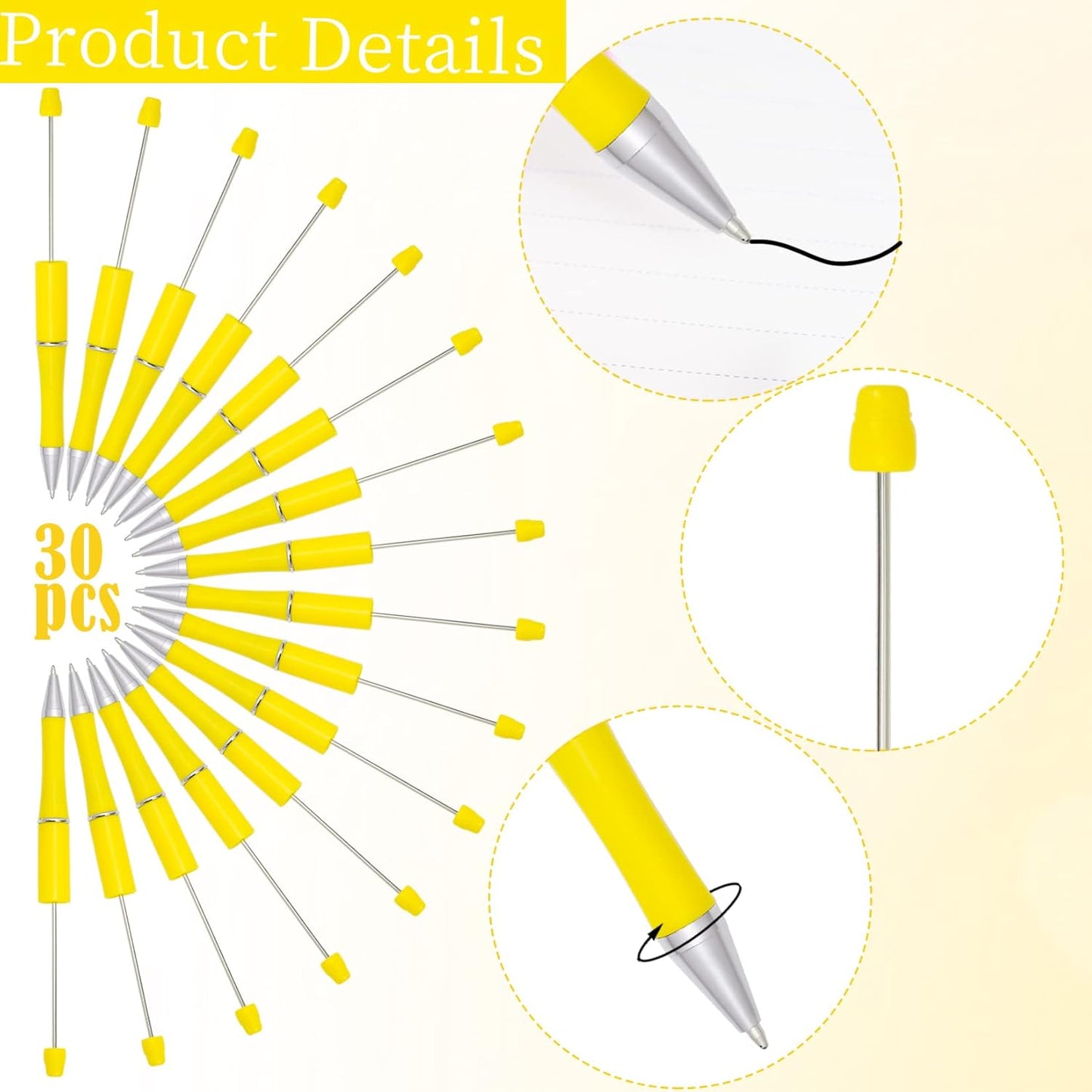 30Pcs Yellow Beadable Pens Beaded Ballpoint Pens Bulk for DIY Writing | Beadable Items, Cool Pens, Black Ink, for Women, Journaling, College, Office Supplies, Plastic, Graduation, Gift
