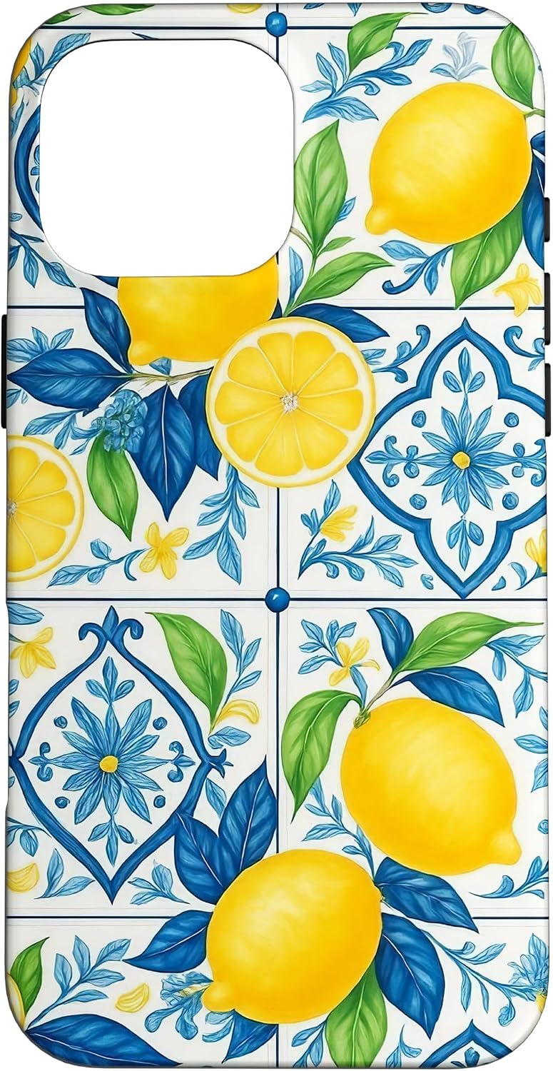 Italian Coast Aesthetic Summer Lemons Mediterranean Tile Case for iPhone 16 Pro Max