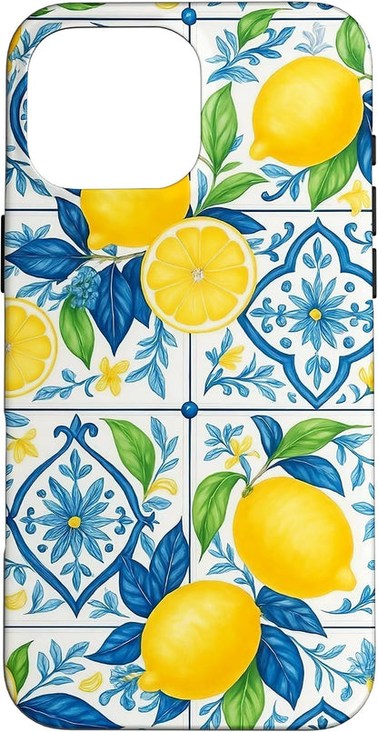 Italian Coast Aesthetic Summer Lemons Mediterranean Tile Case for iPhone 16 Pro Max