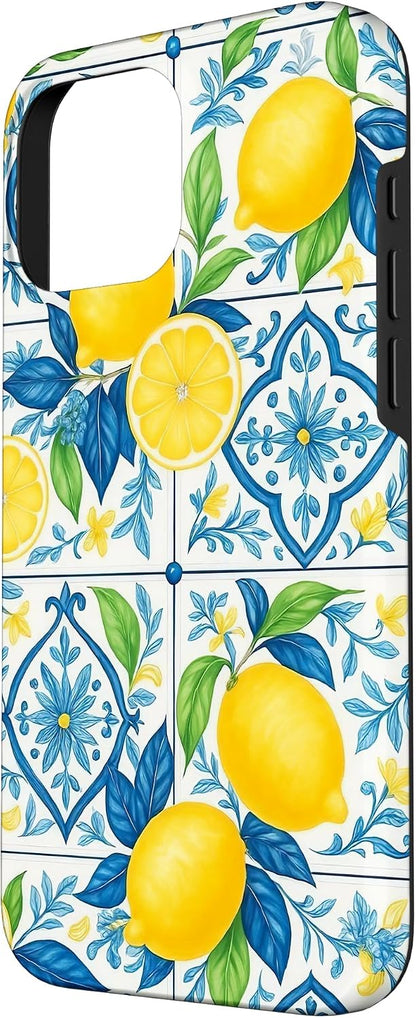 Italian Coast Aesthetic Summer Lemons Mediterranean Tile Case for iPhone 16 Pro Max