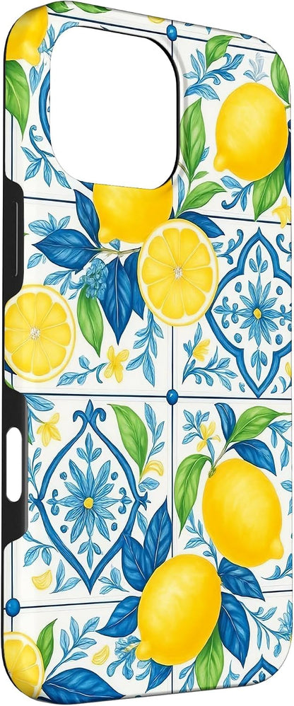 Italian Coast Aesthetic Summer Lemons Mediterranean Tile Case for iPhone 16 Pro Max