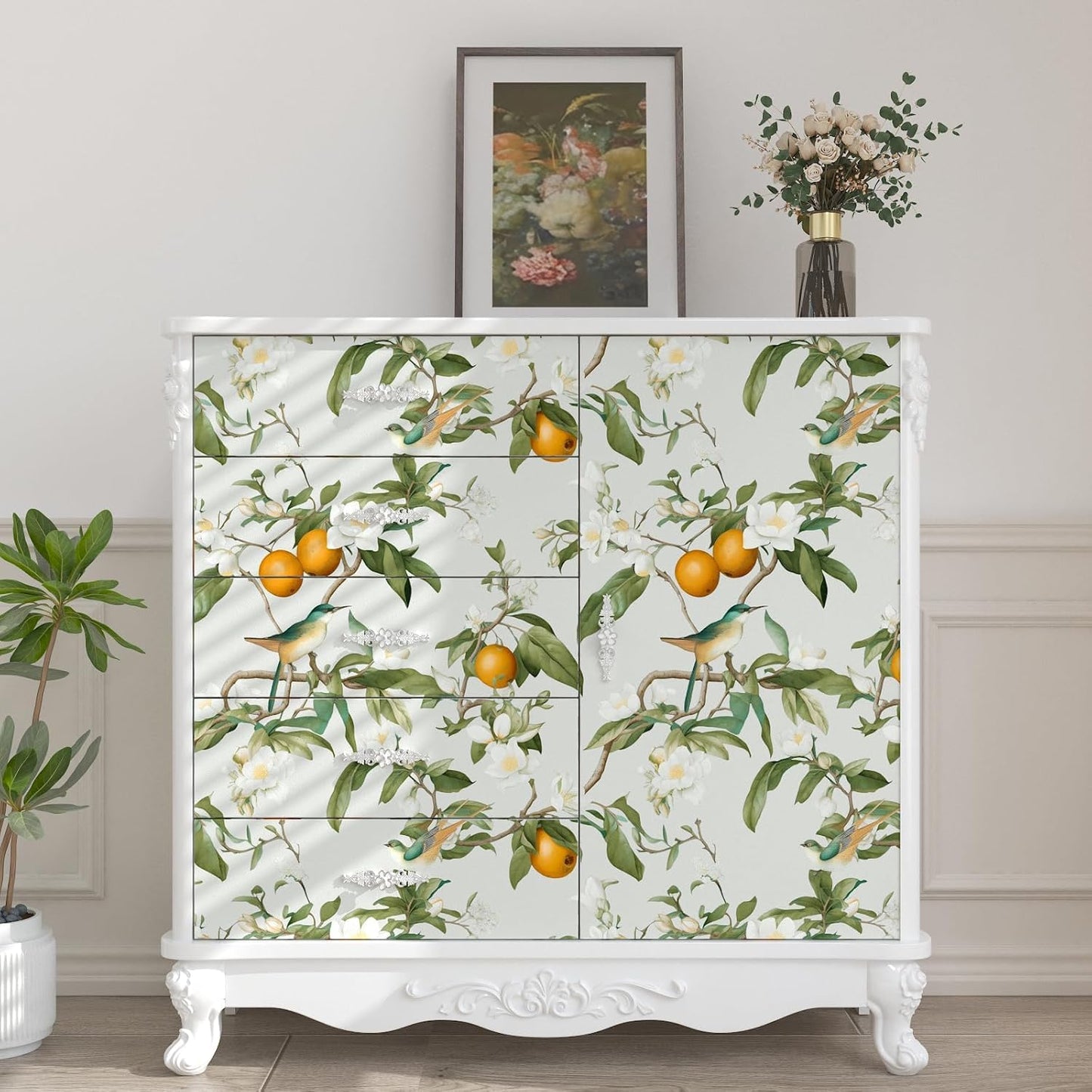 Vintage Bird Leaf Floral Wallpaper Peel and Stick 17.5" x 118",Blue | Self Adhesive/Removable/Waterproof/Thick Vinyl Contact Paper for Bathroom Bedroom Shelf Cabinet Drawer,Prepasted,Easy Peel