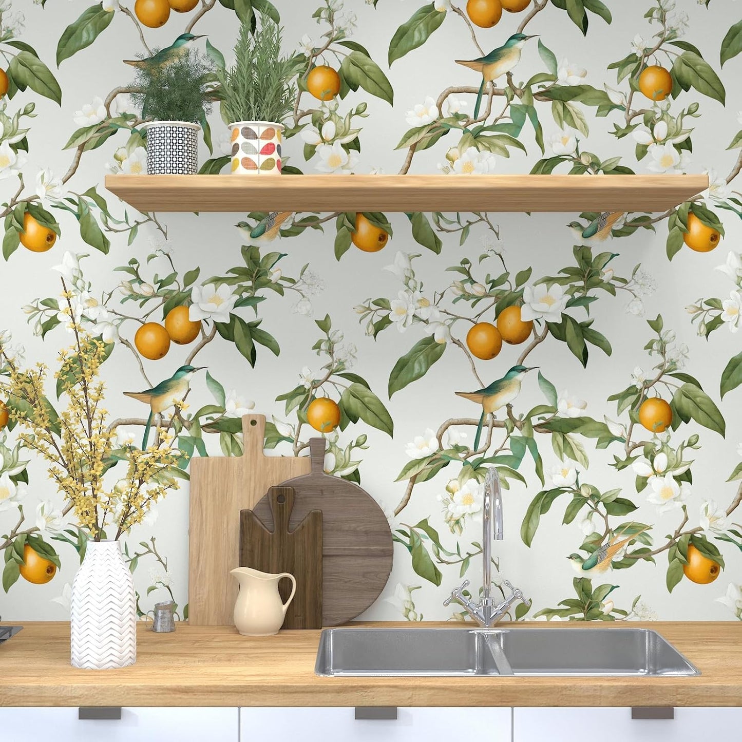 Vintage Bird Leaf Floral Wallpaper Peel and Stick 17.5" x 118",Blue | Self Adhesive/Removable/Waterproof/Thick Vinyl Contact Paper for Bathroom Bedroom Shelf Cabinet Drawer,Prepasted,Easy Peel
