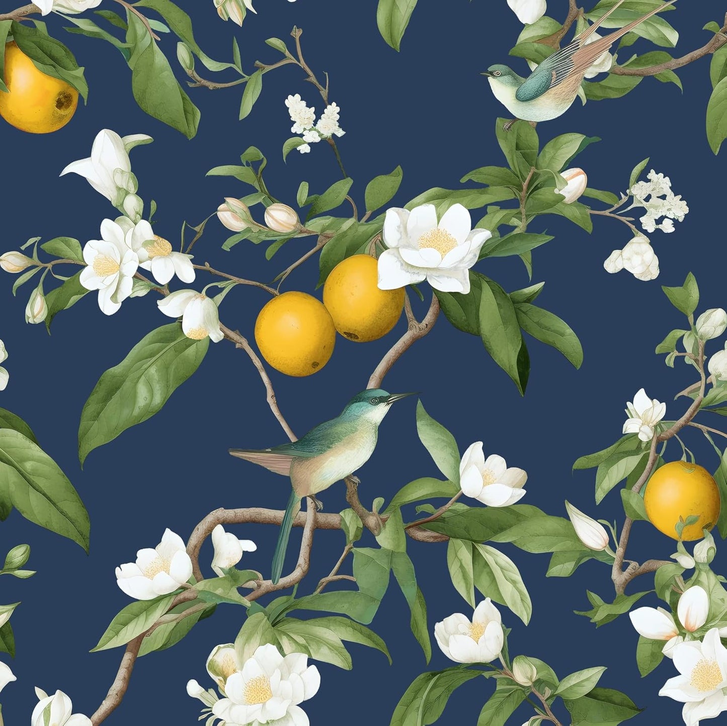 Vintage Bird Leaf Floral Wallpaper Peel and Stick 17.5" x 118",Blue | Self Adhesive/Removable/Waterproof/Thick Vinyl Contact Paper for Bathroom Bedroom Shelf Cabinet Drawer,Prepasted,Easy Peel