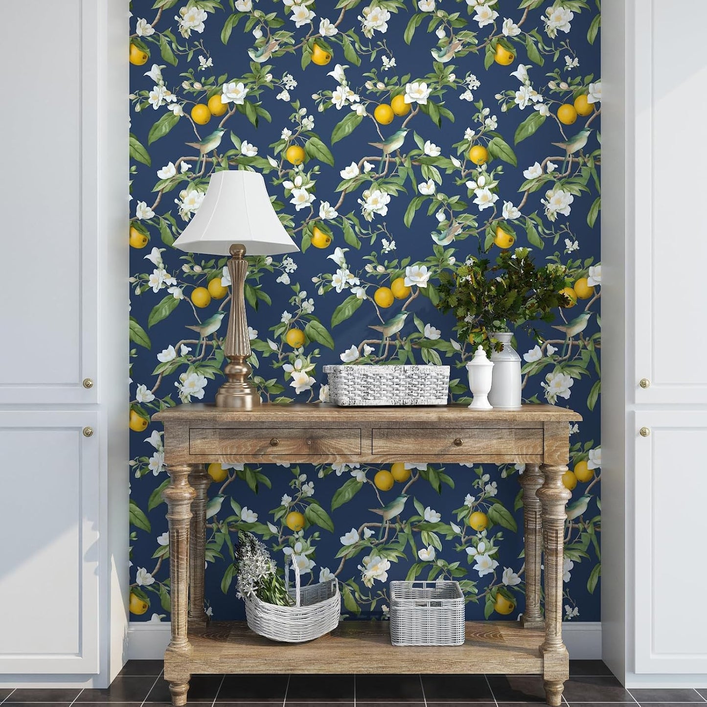 Vintage Bird Leaf Floral Wallpaper Peel and Stick 17.5" x 118",Blue | Self Adhesive/Removable/Waterproof/Thick Vinyl Contact Paper for Bathroom Bedroom Shelf Cabinet Drawer,Prepasted,Easy Peel