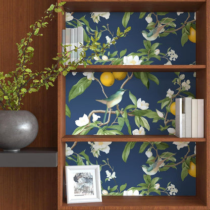 Vintage Bird Leaf Floral Wallpaper Peel and Stick 17.5" x 118",Blue | Self Adhesive/Removable/Waterproof/Thick Vinyl Contact Paper for Bathroom Bedroom Shelf Cabinet Drawer,Prepasted,Easy Peel