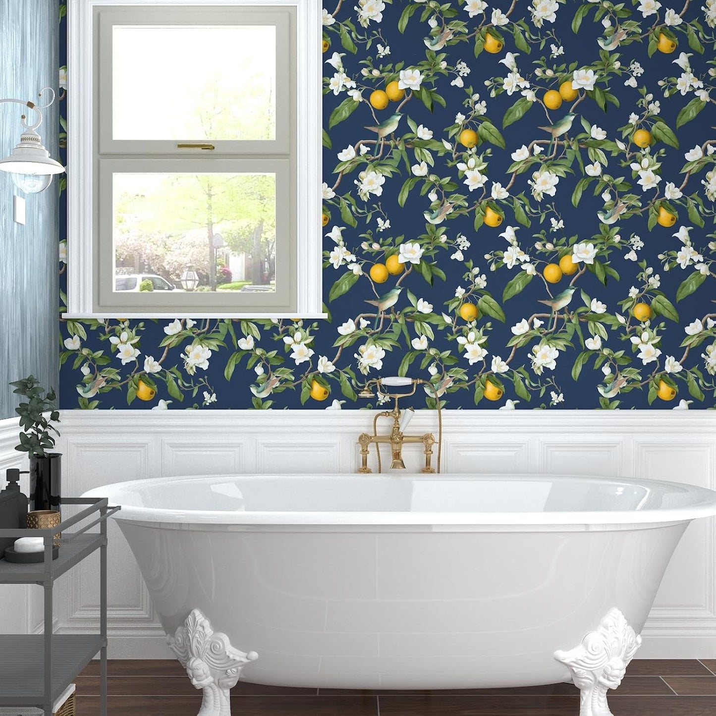 Vintage Bird Leaf Floral Wallpaper Peel and Stick 17.5" x 118",Blue | Self Adhesive/Removable/Waterproof/Thick Vinyl Contact Paper for Bathroom Bedroom Shelf Cabinet Drawer,Prepasted,Easy Peel