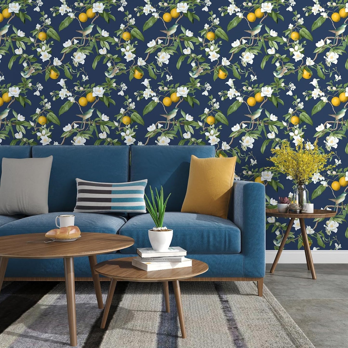 Vintage Bird Leaf Floral Wallpaper Peel and Stick 17.5" x 118",Blue | Self Adhesive/Removable/Waterproof/Thick Vinyl Contact Paper for Bathroom Bedroom Shelf Cabinet Drawer,Prepasted,Easy Peel