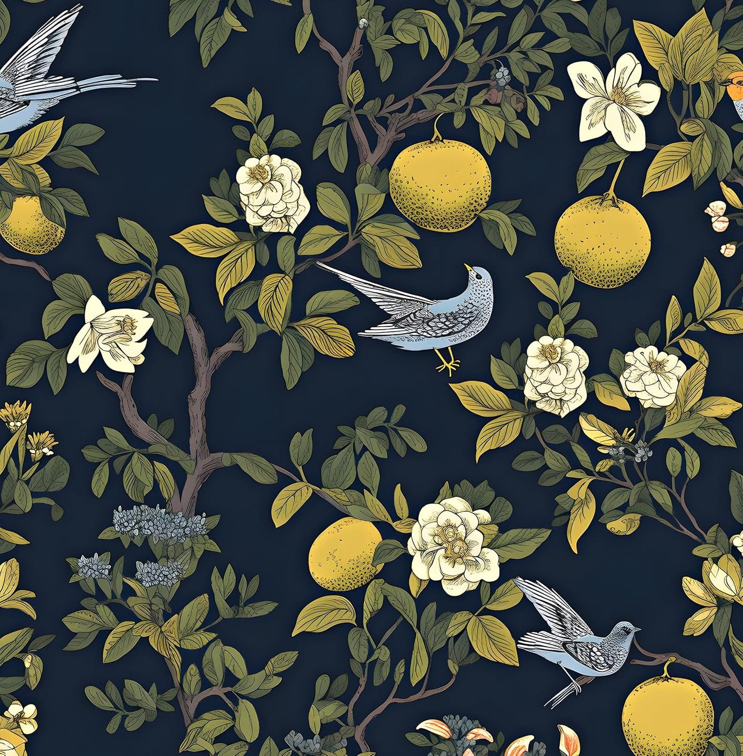 Vintage Bird Leaf Floral Wallpaper Peel and Stick 17.5" x 118",Blue | Self Adhesive/Removable/Waterproof/Thick Vinyl Contact Paper for Bathroom Bedroom Shelf Cabinet Drawer,Prepasted,Easy Peel