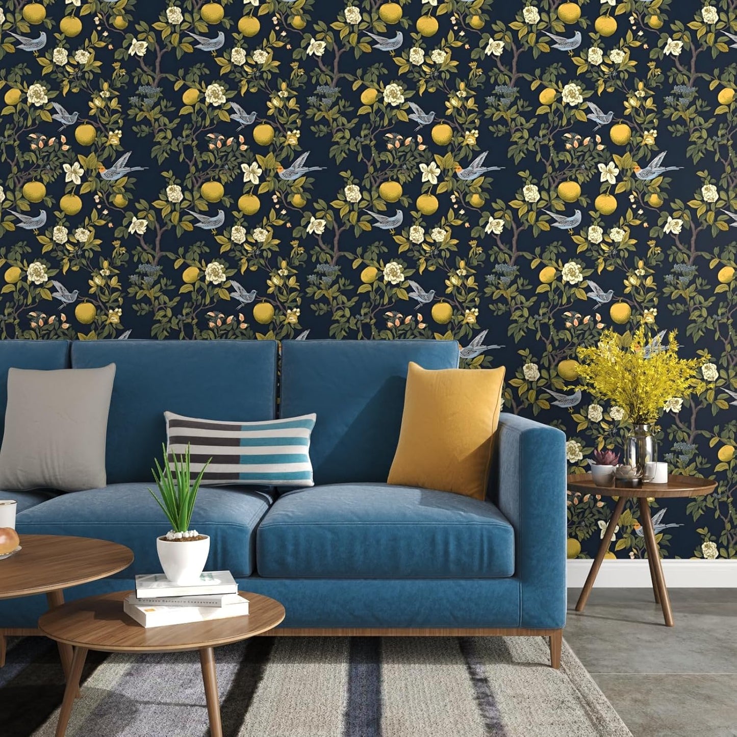Vintage Bird Leaf Floral Wallpaper Peel and Stick 17.5" x 118",Blue | Self Adhesive/Removable/Waterproof/Thick Vinyl Contact Paper for Bathroom Bedroom Shelf Cabinet Drawer,Prepasted,Easy Peel