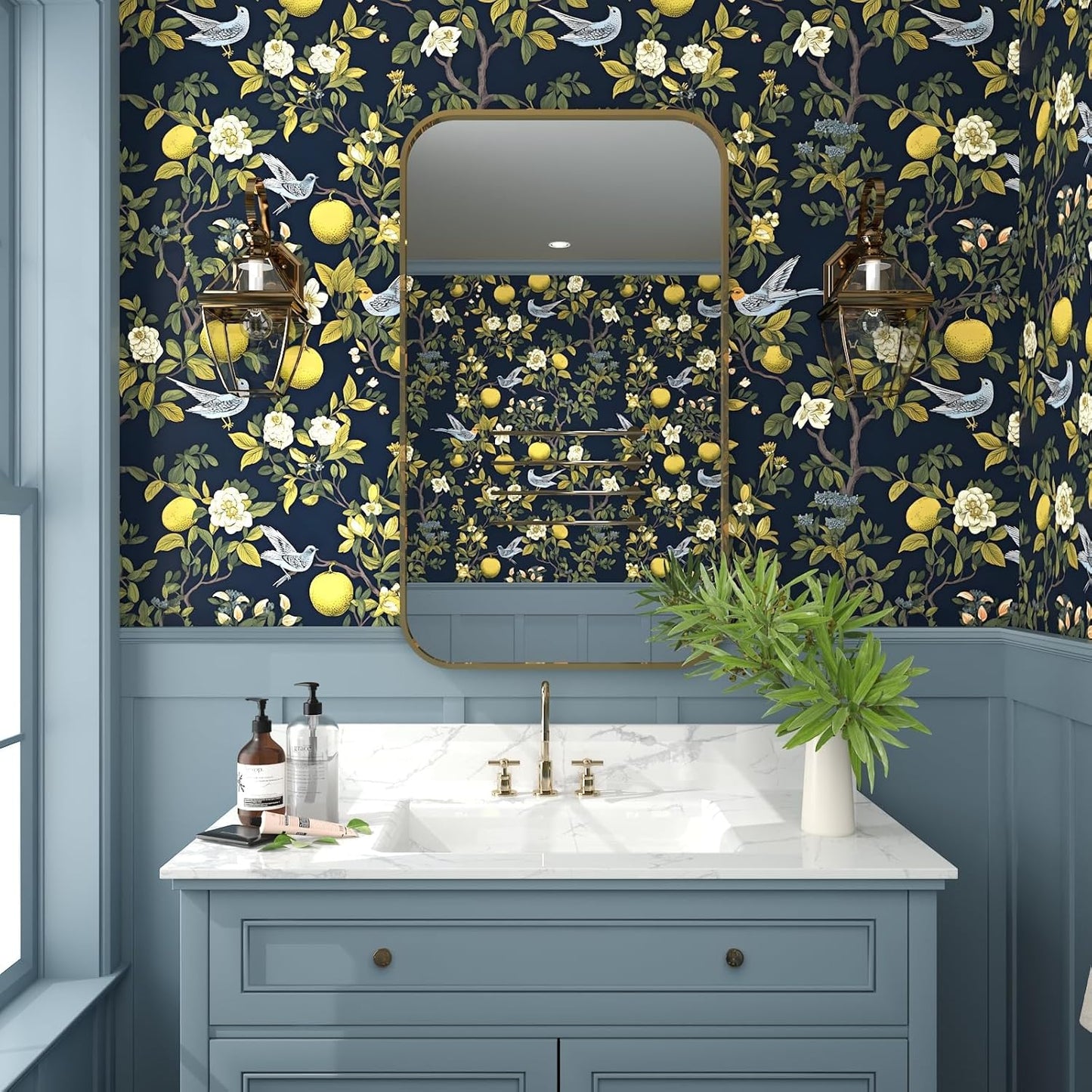 Vintage Bird Leaf Floral Wallpaper Peel and Stick 17.5" x 118",Blue | Self Adhesive/Removable/Waterproof/Thick Vinyl Contact Paper for Bathroom Bedroom Shelf Cabinet Drawer,Prepasted,Easy Peel