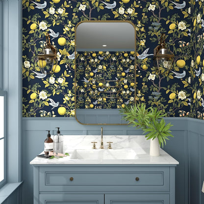 Vintage Bird Leaf Floral Wallpaper Peel and Stick 17.5" x 118",Blue | Self Adhesive/Removable/Waterproof/Thick Vinyl Contact Paper for Bathroom Bedroom Shelf Cabinet Drawer,Prepasted,Easy Peel