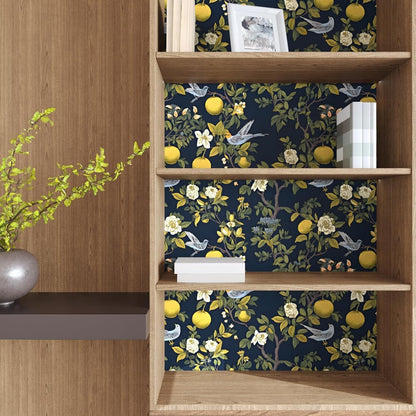 Vintage Bird Leaf Floral Wallpaper Peel and Stick 17.5" x 118",Blue | Self Adhesive/Removable/Waterproof/Thick Vinyl Contact Paper for Bathroom Bedroom Shelf Cabinet Drawer,Prepasted,Easy Peel