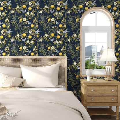 Vintage Bird Leaf Floral Wallpaper Peel and Stick 17.5" x 118",Blue | Self Adhesive/Removable/Waterproof/Thick Vinyl Contact Paper for Bathroom Bedroom Shelf Cabinet Drawer,Prepasted,Easy Peel