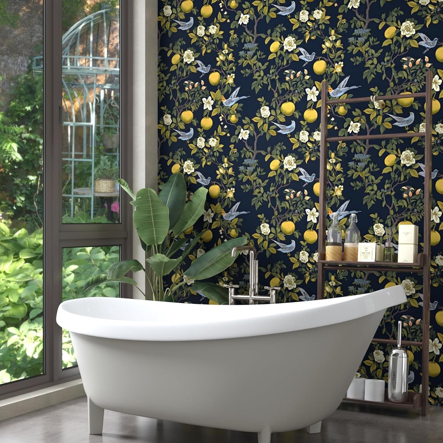 Vintage Bird Leaf Floral Wallpaper Peel and Stick 17.5" x 118",Blue | Self Adhesive/Removable/Waterproof/Thick Vinyl Contact Paper for Bathroom Bedroom Shelf Cabinet Drawer,Prepasted,Easy Peel