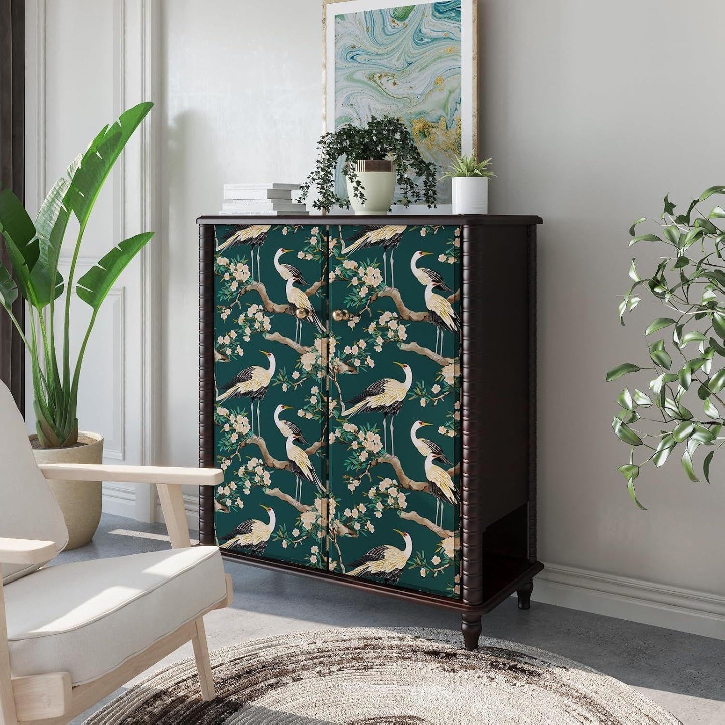 Vintage Bird Leaf Floral Wallpaper Peel and Stick 17.5" x 118",Blue | Self Adhesive/Removable/Waterproof/Thick Vinyl Contact Paper for Bathroom Bedroom Shelf Cabinet Drawer,Prepasted,Easy Peel