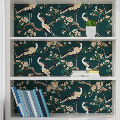 Vintage Bird Leaf Floral Wallpaper Peel and Stick 17.5" x 118",Blue | Self Adhesive/Removable/Waterproof/Thick Vinyl Contact Paper for Bathroom Bedroom Shelf Cabinet Drawer,Prepasted,Easy Peel