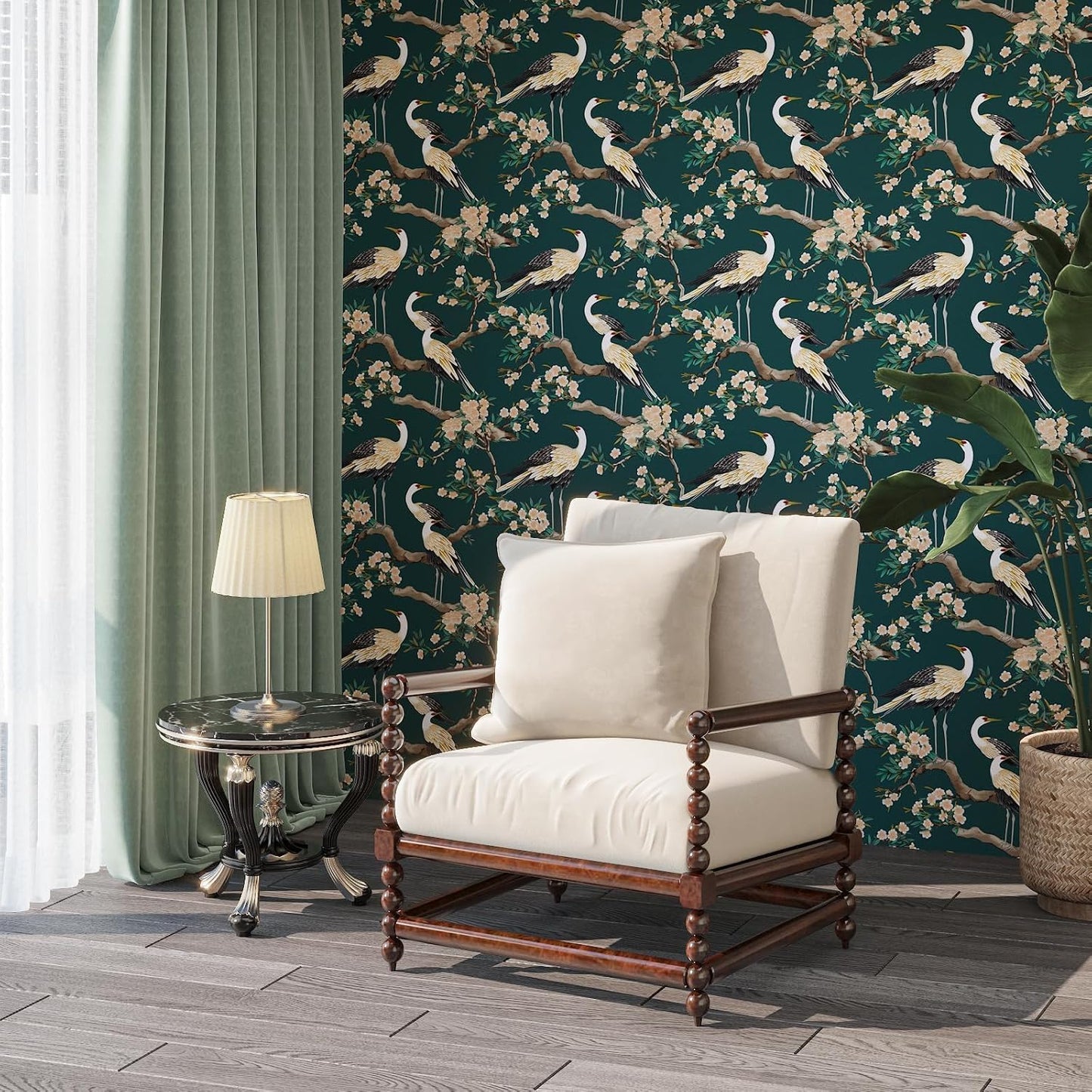 Vintage Bird Leaf Floral Wallpaper Peel and Stick 17.5" x 118",Blue | Self Adhesive/Removable/Waterproof/Thick Vinyl Contact Paper for Bathroom Bedroom Shelf Cabinet Drawer,Prepasted,Easy Peel