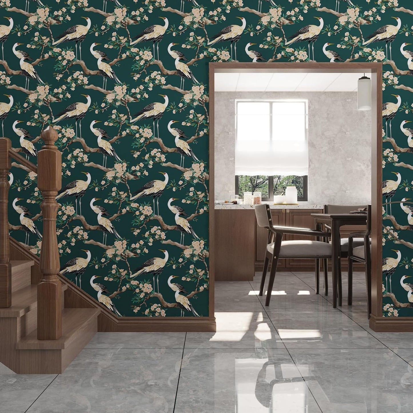 Vintage Bird Leaf Floral Wallpaper Peel and Stick 17.5" x 118",Blue | Self Adhesive/Removable/Waterproof/Thick Vinyl Contact Paper for Bathroom Bedroom Shelf Cabinet Drawer,Prepasted,Easy Peel
