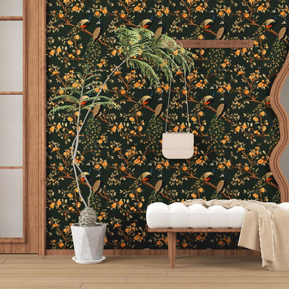 Vintage Bird Leaf Floral Wallpaper Peel and Stick 17.5" x 118",Blue | Self Adhesive/Removable/Waterproof/Thick Vinyl Contact Paper for Bathroom Bedroom Shelf Cabinet Drawer,Prepasted,Easy Peel