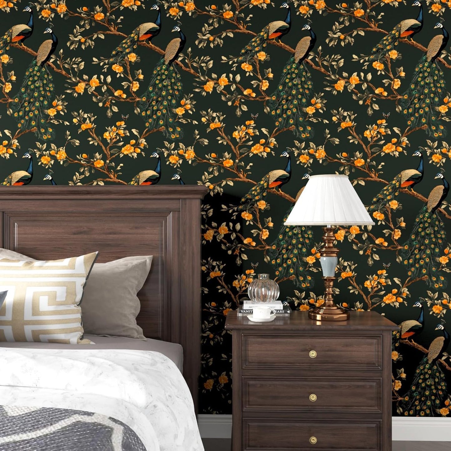 Vintage Bird Leaf Floral Wallpaper Peel and Stick 17.5" x 118",Blue | Self Adhesive/Removable/Waterproof/Thick Vinyl Contact Paper for Bathroom Bedroom Shelf Cabinet Drawer,Prepasted,Easy Peel