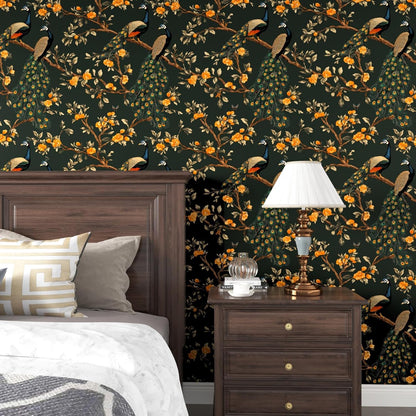 Vintage Bird Leaf Floral Wallpaper Peel and Stick 17.5" x 118",Blue | Self Adhesive/Removable/Waterproof/Thick Vinyl Contact Paper for Bathroom Bedroom Shelf Cabinet Drawer,Prepasted,Easy Peel