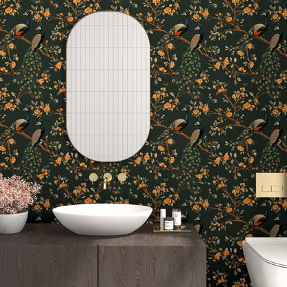 Vintage Bird Leaf Floral Wallpaper Peel and Stick 17.5" x 118",Blue | Self Adhesive/Removable/Waterproof/Thick Vinyl Contact Paper for Bathroom Bedroom Shelf Cabinet Drawer,Prepasted,Easy Peel