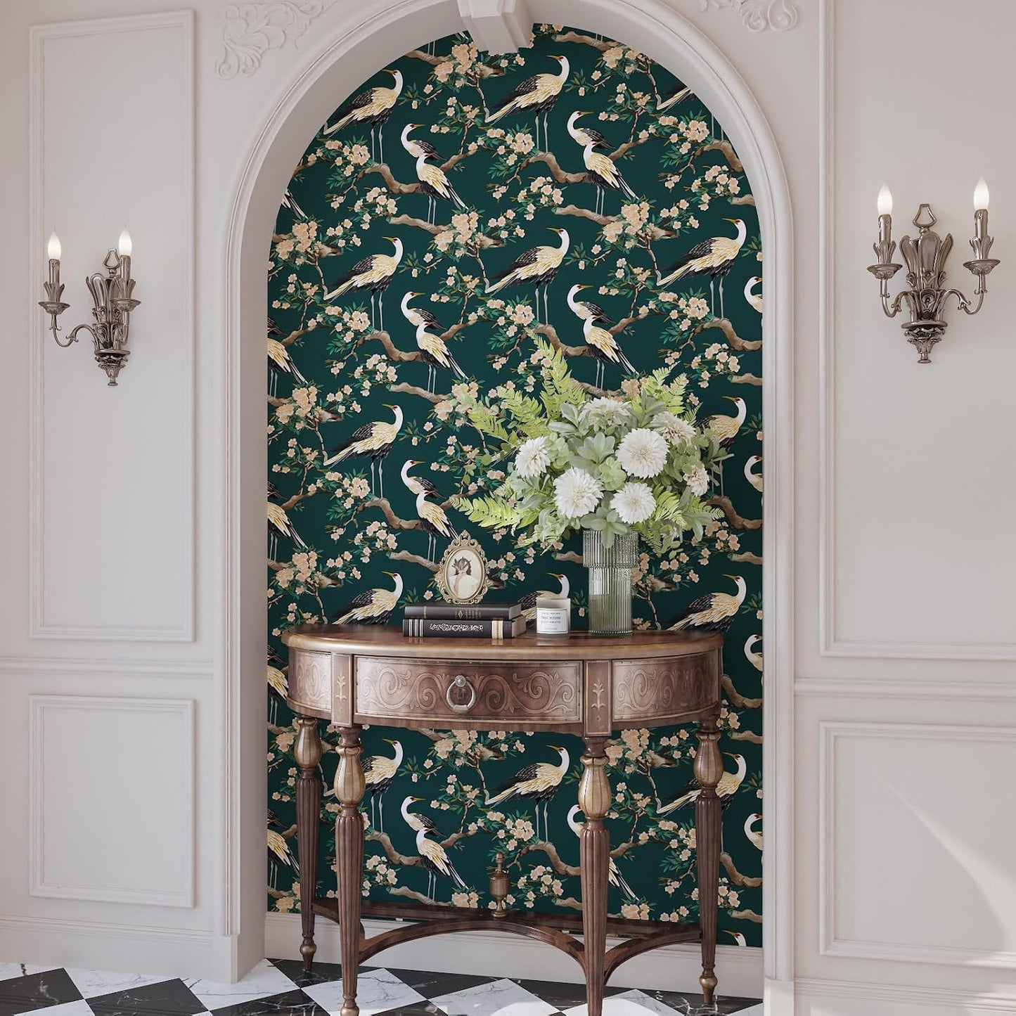 Vintage Bird Leaf Floral Wallpaper Peel and Stick 17.5" x 118",Blue | Self Adhesive/Removable/Waterproof/Thick Vinyl Contact Paper for Bathroom Bedroom Shelf Cabinet Drawer,Prepasted,Easy Peel