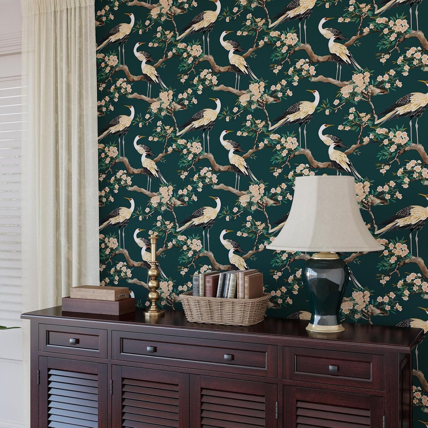 Vintage Bird Leaf Floral Wallpaper Peel and Stick 17.5" x 118",Blue | Self Adhesive/Removable/Waterproof/Thick Vinyl Contact Paper for Bathroom Bedroom Shelf Cabinet Drawer,Prepasted,Easy Peel