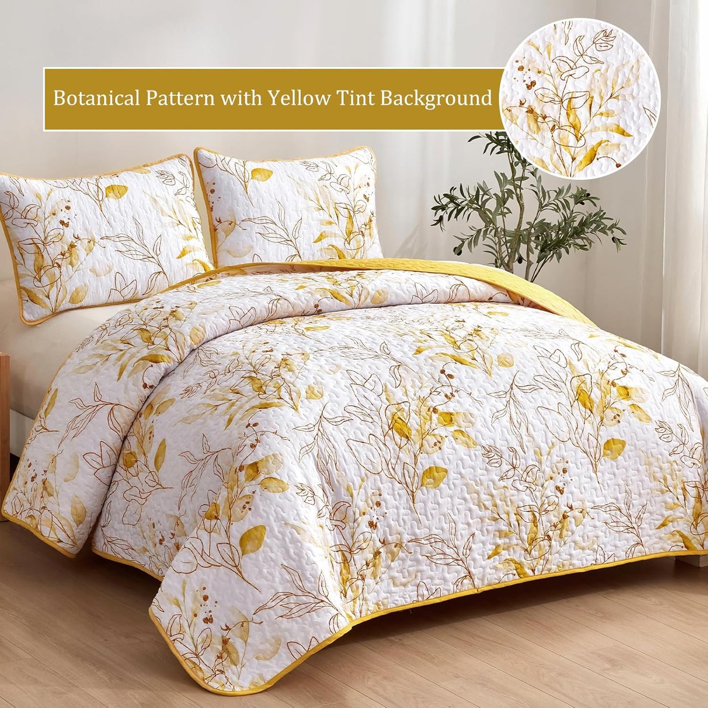 Yellow Quilt Set King,3 Pieces Reversible Yellow Botanical Leaves Pattern Bedspread Coverlet Soft Microfiber Bed Cover for All Season(104"×90")
