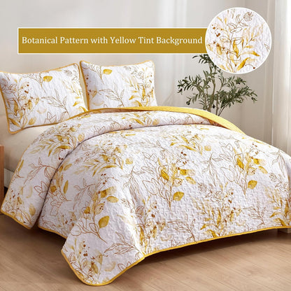 Yellow Quilt Set King,3 Pieces Reversible Yellow Botanical Leaves Pattern Bedspread Coverlet Soft Microfiber Bed Cover for All Season(104"×90")