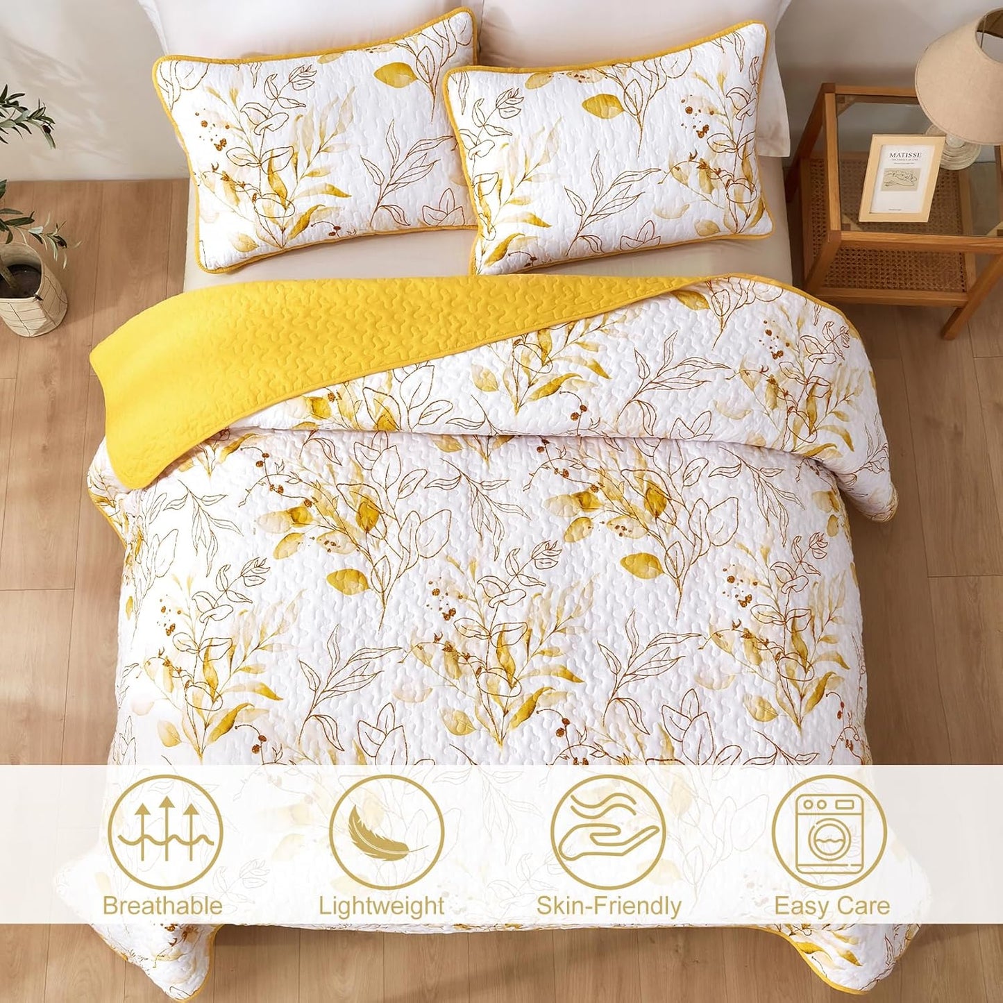 Yellow Quilt Set King,3 Pieces Reversible Yellow Botanical Leaves Pattern Bedspread Coverlet Soft Microfiber Bed Cover for All Season(104"×90")