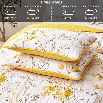 Yellow Quilt Set King,3 Pieces Reversible Yellow Botanical Leaves Pattern Bedspread Coverlet Soft Microfiber Bed Cover for All Season(104"×90")
