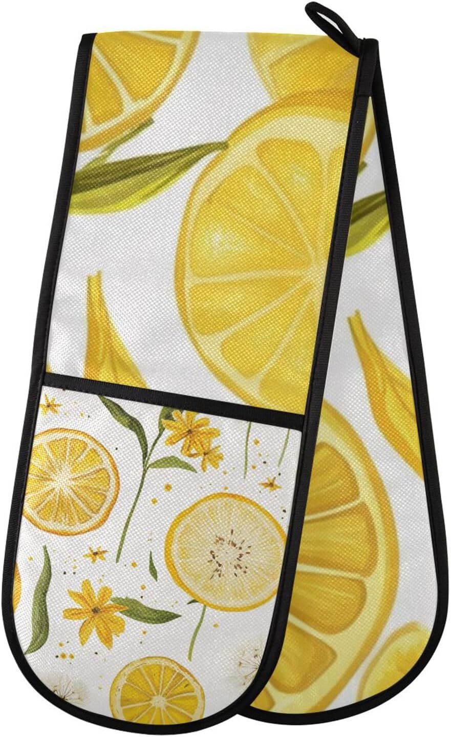 Yellow Dandelions and Summer Lemon Slices Oven Mitts Pot Holder Heat Resistant Double Kitchen Oven Mitt Soft Cotton Lining Hot Pads Thick Gloves for Cooking Banquet Bbq Thanksgiving Christmas D