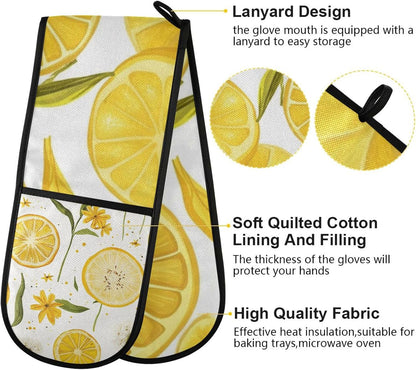 Yellow Dandelions and Summer Lemon Slices Oven Mitts Pot Holder Heat Resistant Double Kitchen Oven Mitt Soft Cotton Lining Hot Pads Thick Gloves for Cooking Banquet Bbq Thanksgiving Christmas D