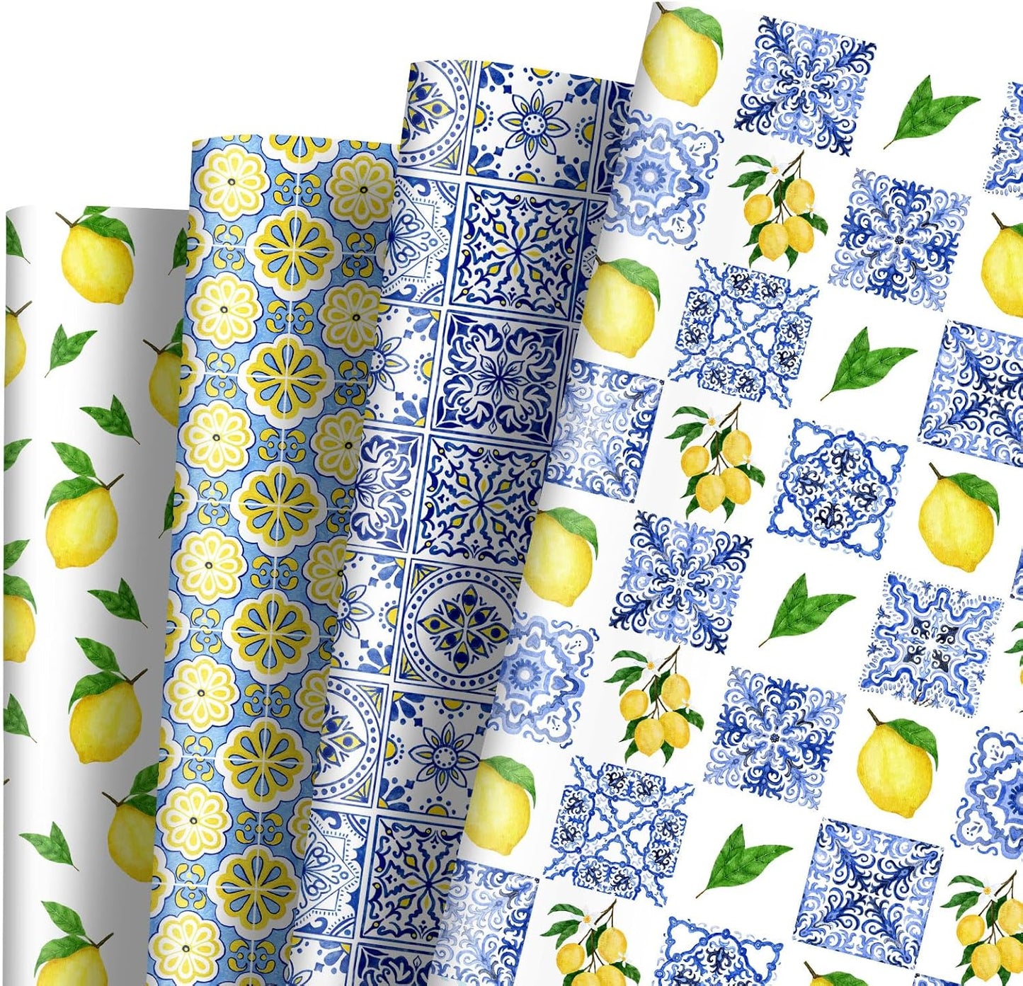8 Sheet Blue Tiles Lemons Wrapping Paper 4 Designs -Not Roll- Gift Wrap Paper Folded Flat DIY Art Craft Papers for Birthday Party Baby Shower Packaging, 19.7 x 27.6 Inch