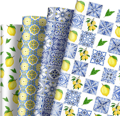 8 Sheet Blue Tiles Lemons Wrapping Paper 4 Designs -Not Roll- Gift Wrap Paper Folded Flat DIY Art Craft Papers for Birthday Party Baby Shower Packaging, 19.7 x 27.6 Inch