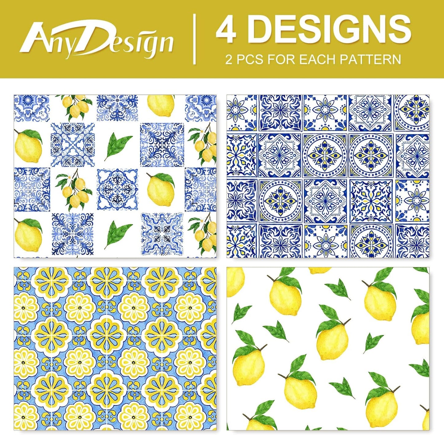 8 Sheet Blue Tiles Lemons Wrapping Paper 4 Designs -Not Roll- Gift Wrap Paper Folded Flat DIY Art Craft Papers for Birthday Party Baby Shower Packaging, 19.7 x 27.6 Inch