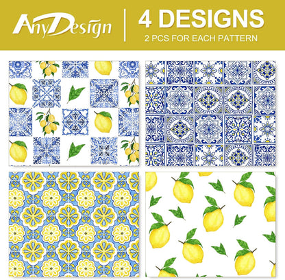 8 Sheet Blue Tiles Lemons Wrapping Paper 4 Designs -Not Roll- Gift Wrap Paper Folded Flat DIY Art Craft Papers for Birthday Party Baby Shower Packaging, 19.7 x 27.6 Inch