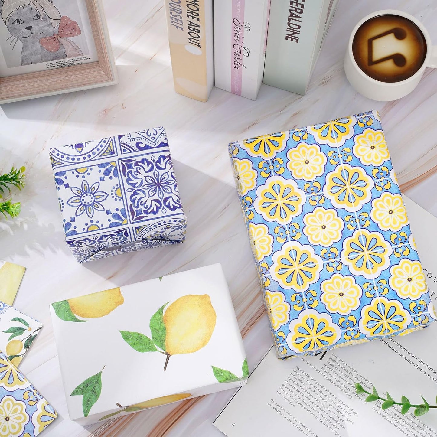 8 Sheet Blue Tiles Lemons Wrapping Paper 4 Designs -Not Roll- Gift Wrap Paper Folded Flat DIY Art Craft Papers for Birthday Party Baby Shower Packaging, 19.7 x 27.6 Inch