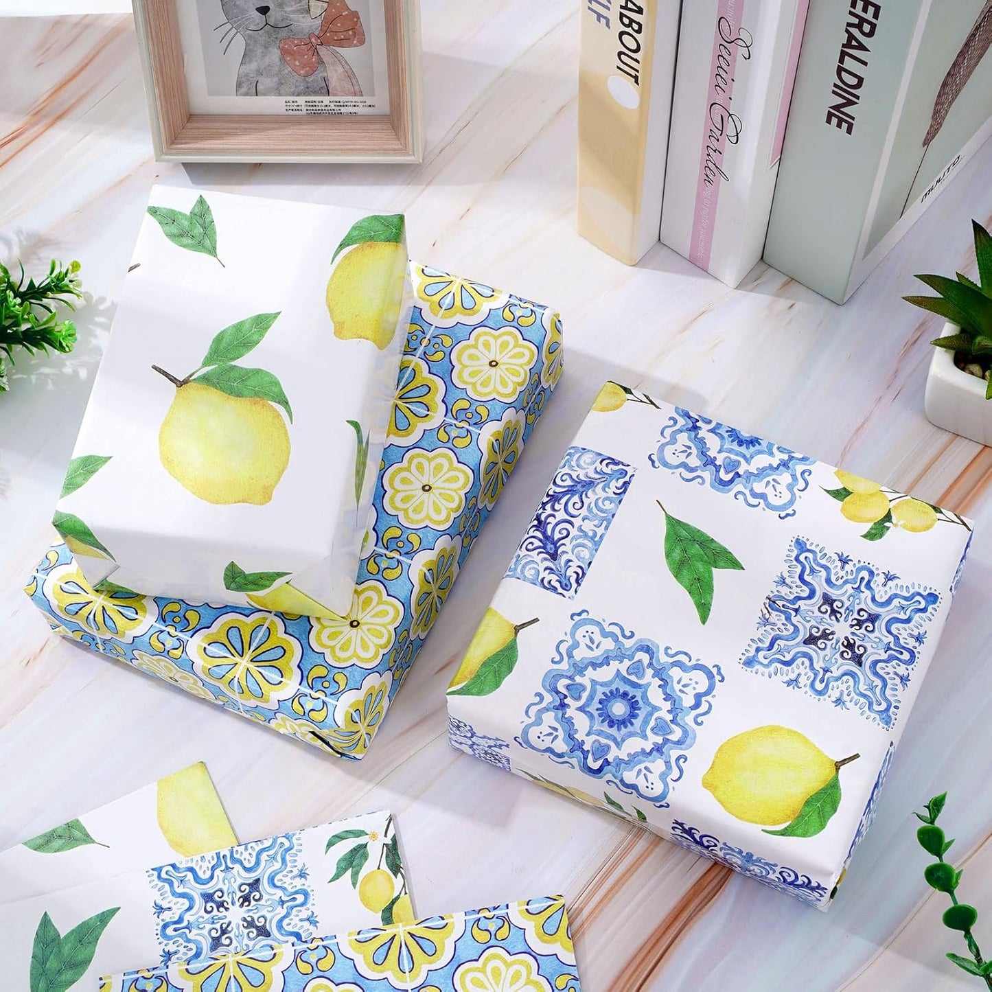 8 Sheet Blue Tiles Lemons Wrapping Paper 4 Designs -Not Roll- Gift Wrap Paper Folded Flat DIY Art Craft Papers for Birthday Party Baby Shower Packaging, 19.7 x 27.6 Inch
