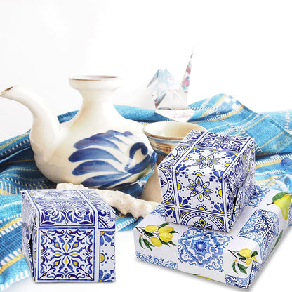8 Sheet Blue Tiles Lemons Wrapping Paper 4 Designs -Not Roll- Gift Wrap Paper Folded Flat DIY Art Craft Papers for Birthday Party Baby Shower Packaging, 19.7 x 27.6 Inch